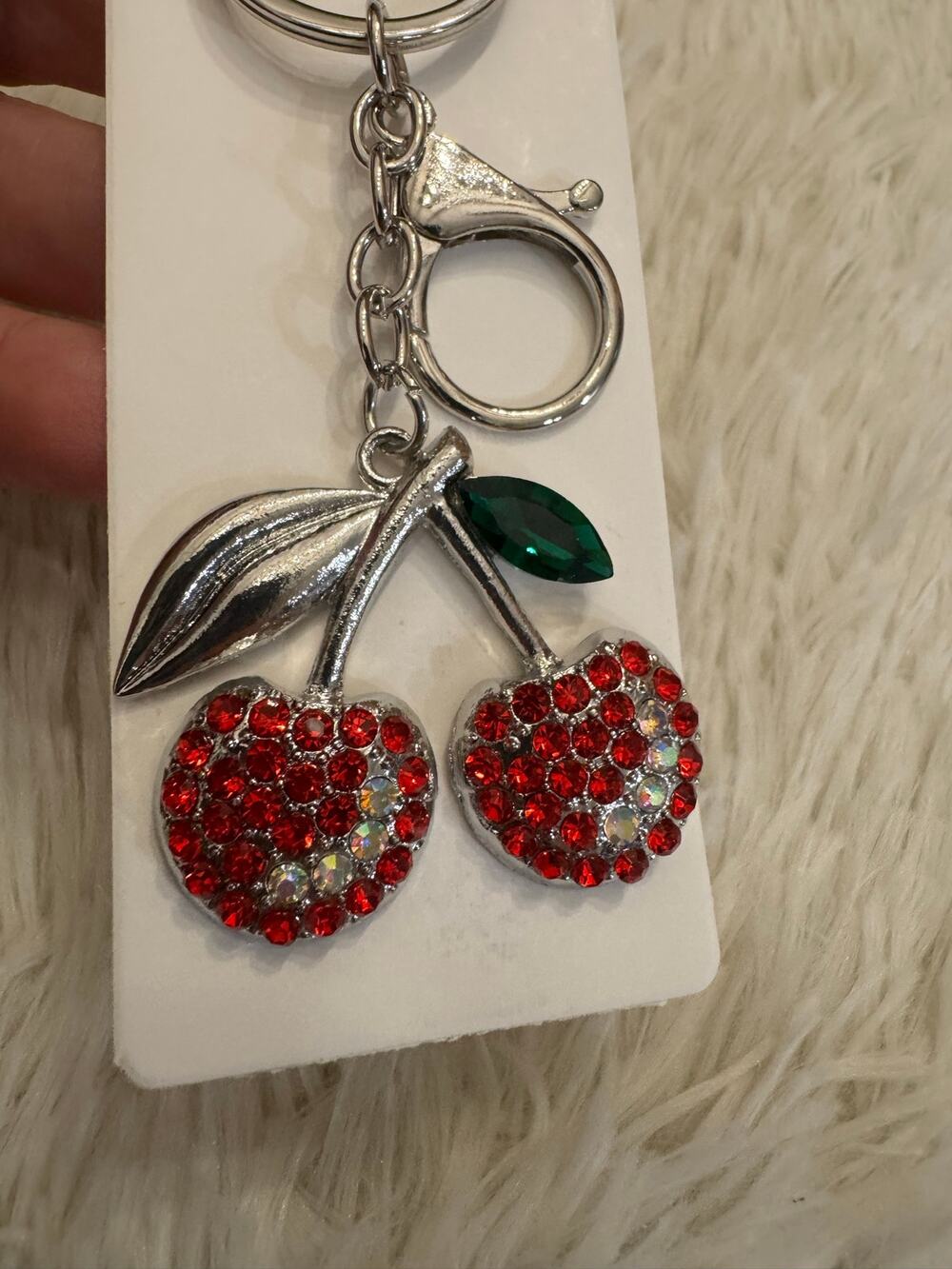 Red cherry keychain bag charm with rhinestones green leaf silver metal